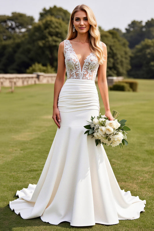 Ivory Satin Sweep Train Long Mermaid Wedding Dress with Lace