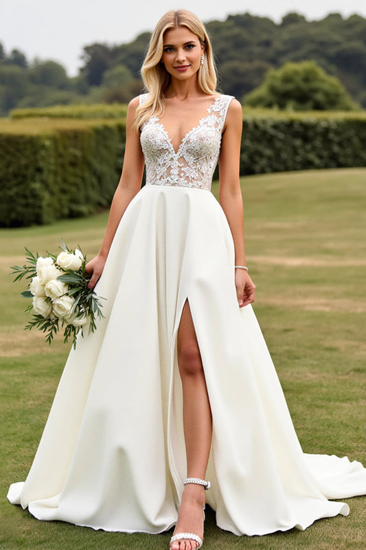 Ivory Sweep Train V-Neck Long Lace Wedding Dress with Slit