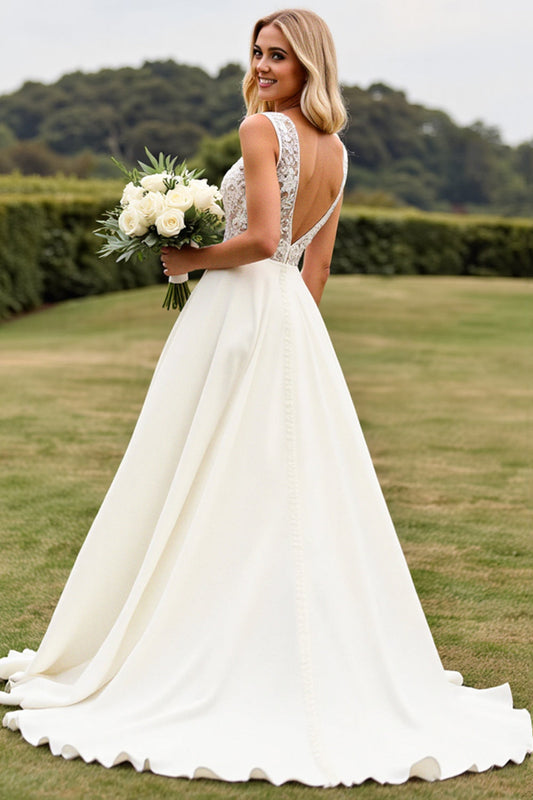 Ivory Sweep Train V-Neck Long Lace Wedding Dress with Slit