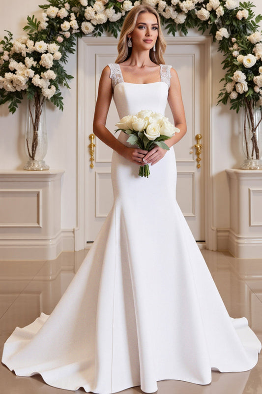 White Satin Square Neck Mermaid Long Wedding Dress with Lace