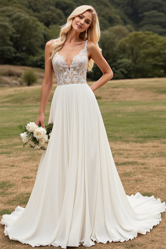 Ivory Chiffon Sweep Train Long Lace Wedding Dress with Slit