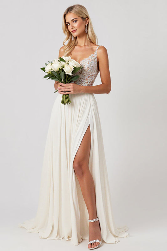 Ivory Chiffon Sweep Train Long Lace Wedding Dress with Slit