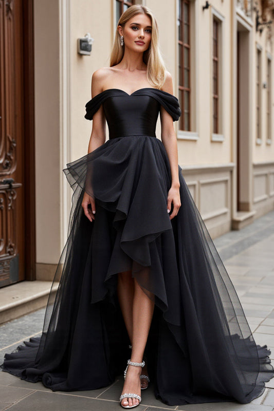 Black Sweep Train Off the Shoulder Tulle Long Wedding Dress