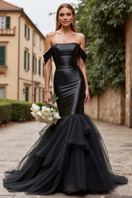 Black Sweep Train Off the Shoulder Mermaid Long Wedding Dress