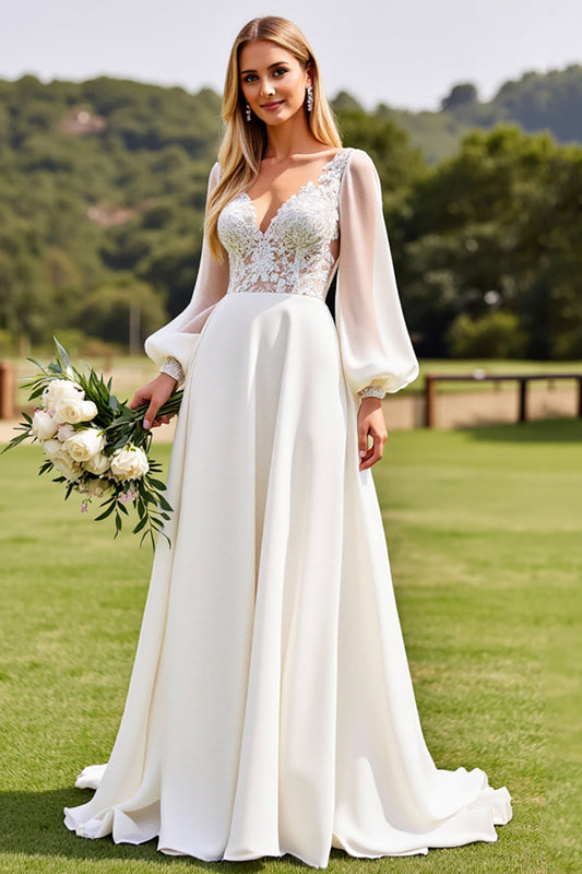 Ivory Chiffon Sweep Train Lace Wedding Dress with Long Sleeves