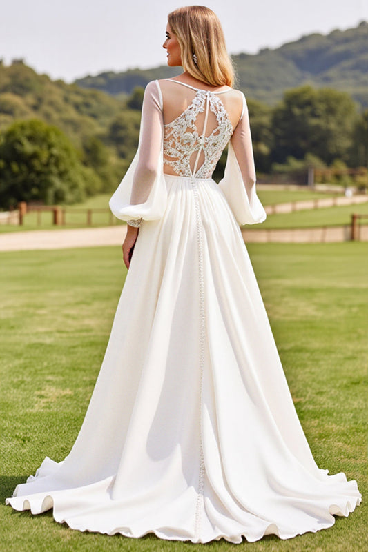 Ivory Chiffon Sweep Train Lace Wedding Dress with Long Sleeves