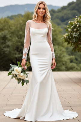 Ivory Satin Sweep Train Illusion Lace Wedding Dress with Long Sleeves