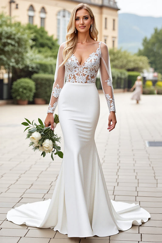 Ivory Satin Mermaid Sweep Train Wedding Dress with Lace Sleeves