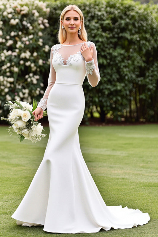 Ivory Satin Illusion Sweep Train Boat Neck Mermaid Wedding Dress