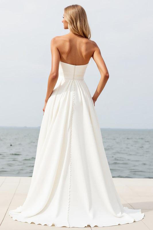 Ivory Strapless Sweep Train A Line Wedding Dress with Slit