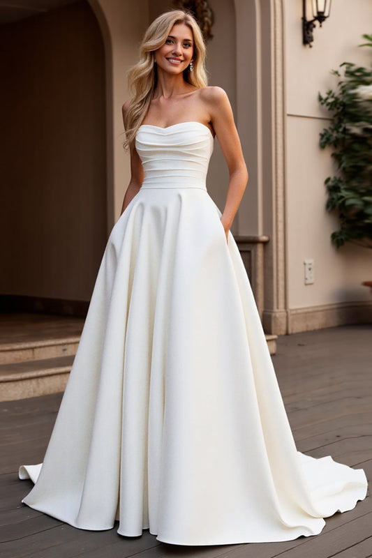 Ivory Strapless A Line Satin Ruched Wedding Dress