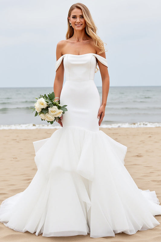 Ivory Satin Sweep Train Mermaid Long Wedding Dress with Ruffle