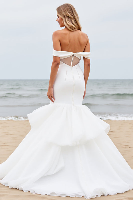 Ivory Satin Sweep Train Mermaid Long Wedding Dress with Ruffle