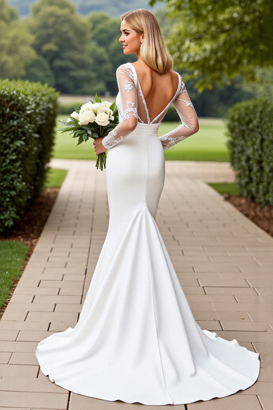 Ivory Sweep Train Mermaid Wedding Dress with Long Sleeves