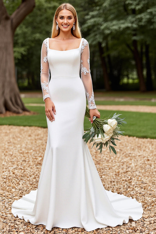 Ivory Sweep Train Mermaid Wedding Dress with Long Sleeves