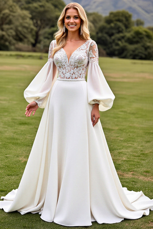 Ivory Satin V Neck Lace Sweep Train Wedding Dress with Sleeves