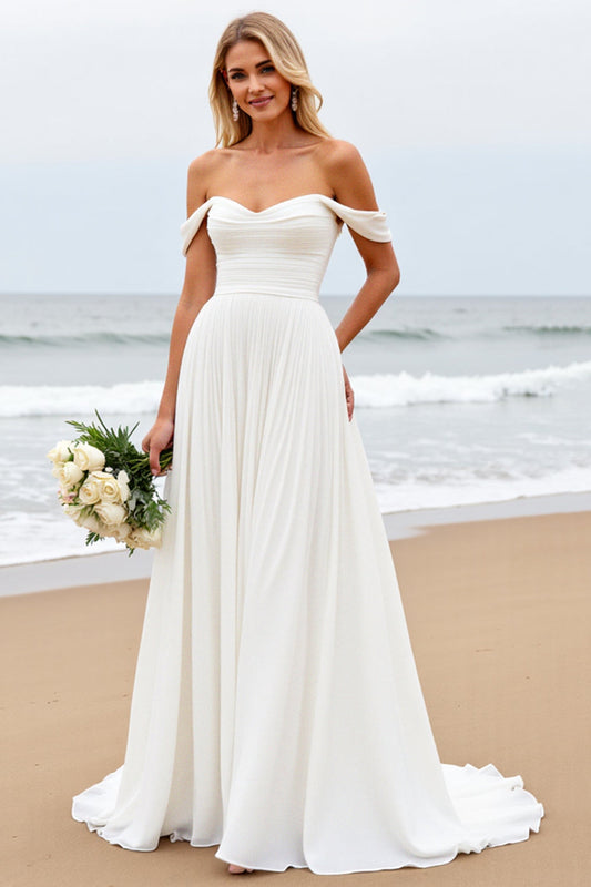 Ivory Off the Shoulder Chiffon Sweep Train A Line Wedding Dress