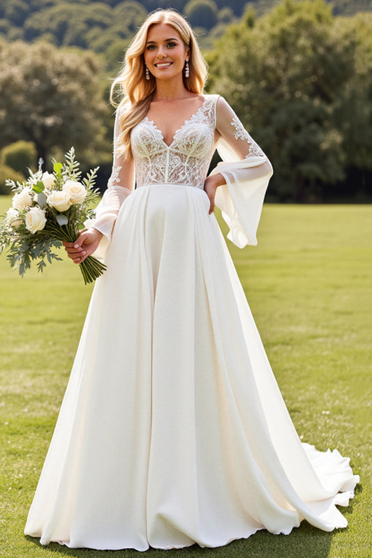 A Line Ivory Chiffon V Neck Sweep Train Boho Wedding Dress with Lace