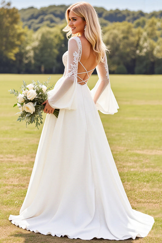 A Line Ivory Chiffon V Neck Sweep Train Boho Wedding Dress with Lace