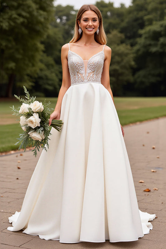 Ivory Satin Sweep Train A Line V Neck Wedding Dress with Lace
