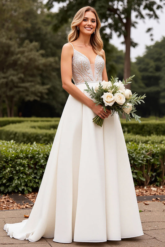 Ivory Satin Sweep Train A Line V Neck Wedding Dress with Lace