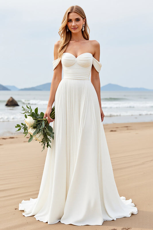 Ivory A Line Off the Shoulder Sweep Train Long Wedding Dress