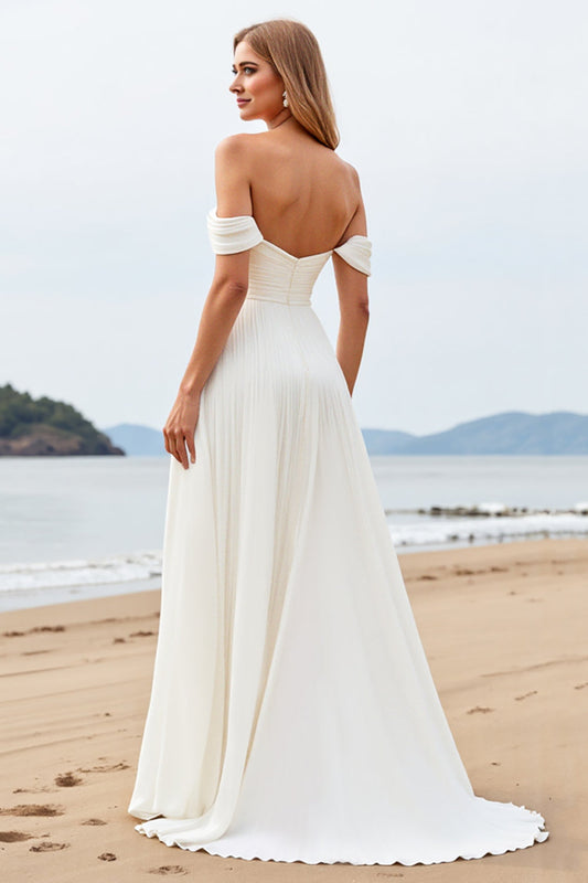 Ivory A Line Off the Shoulder Sweep Train Long Wedding Dress
