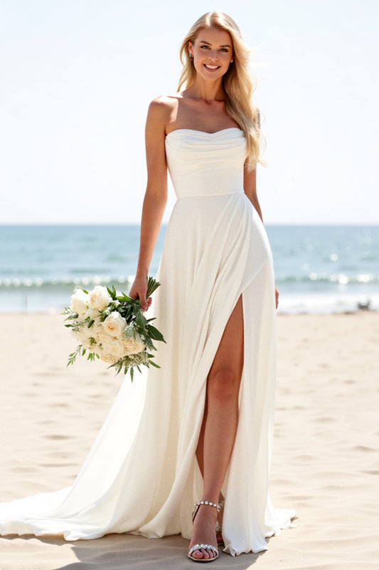 A Line Ivory Chiffon Sweep Train Strapless Boho Wedding Dress with Slit
