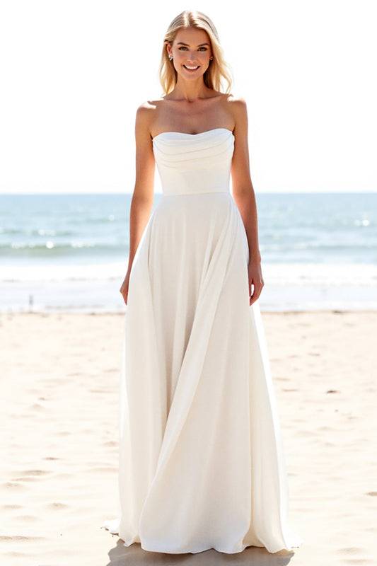 A Line Ivory Chiffon Sweep Train Strapless Boho Wedding Dress with Slit
