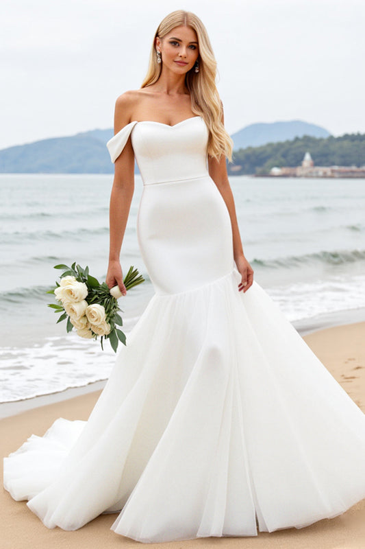 Ivory Mermaid Satin Sweetheart Sweep Train Wedding Dress