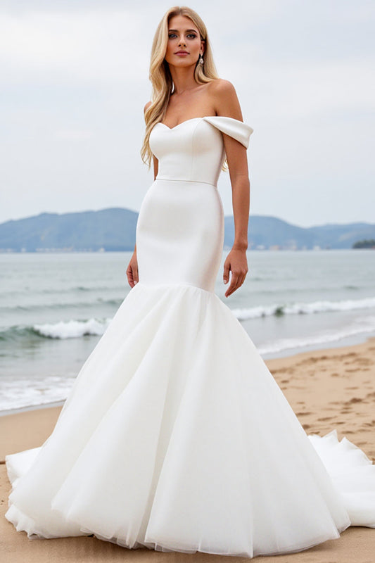 Ivory Mermaid Satin Sweetheart Sweep Train Wedding Dress