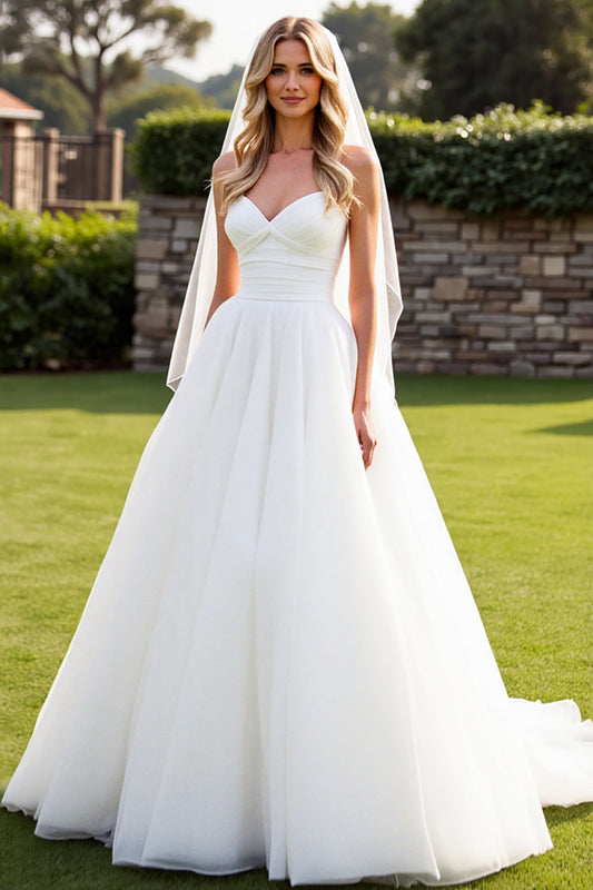 Simple Ivory Sweetheart Ball Gown Sweep Train Wedding Dress