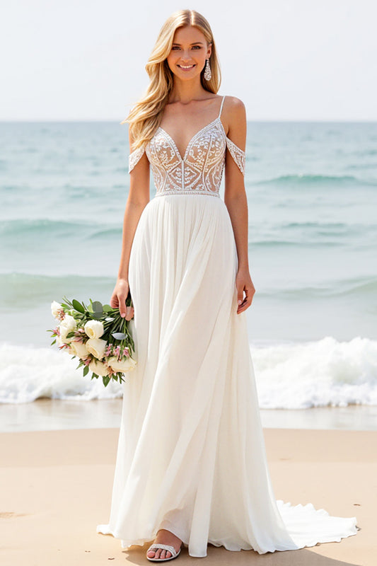 Ivory A Line Sweep Train Spaghetti Straps Boho Wedding Dress with Lace