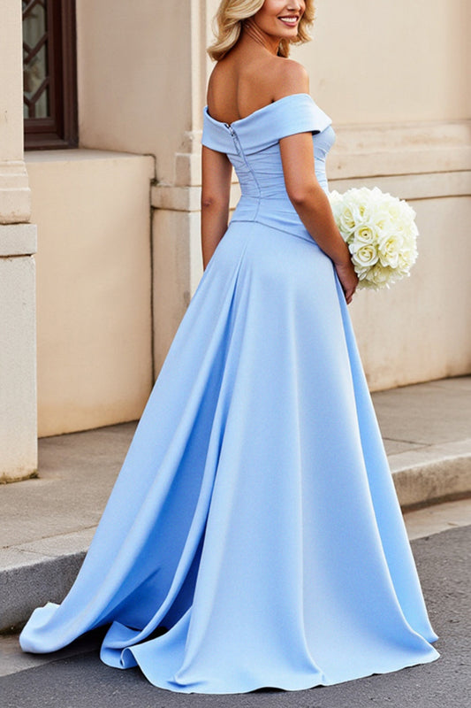 Light Blue A Line Off the Shoulder Satin Long Prom Dress