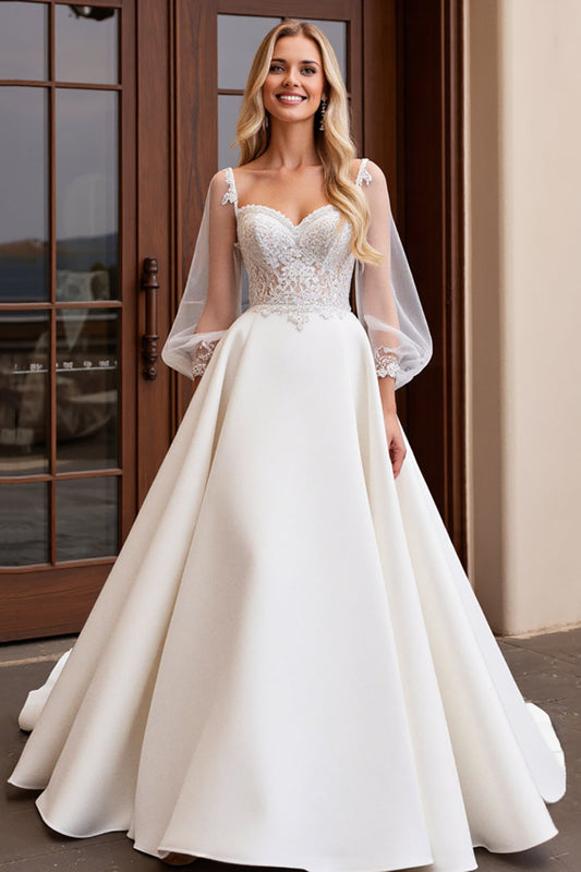 A Line Ivory Sweetheart Long Sleeves Wedding Dress with Lace