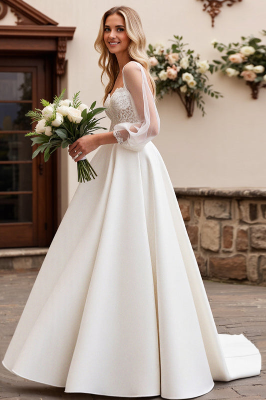 A Line Ivory Sweetheart Long Sleeves Wedding Dress with Lace