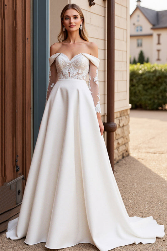 Ivory Satin Sweep Train Lace Wedding Dress with Long Sleeves