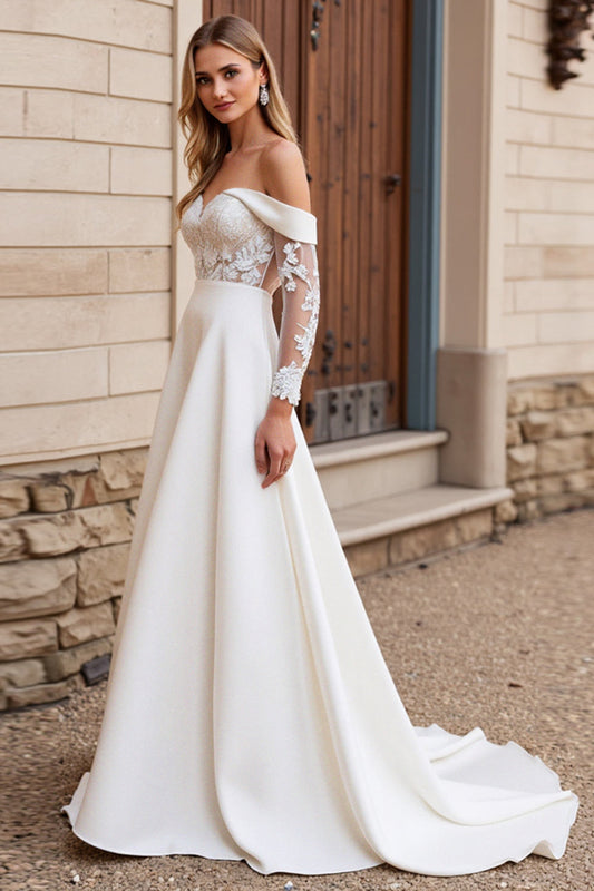 Ivory Satin Sweep Train Lace Wedding Dress with Long Sleeves