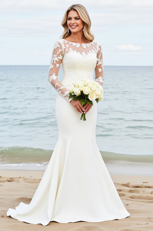 Ivory Satin Mermaid Illusion Neck Long Wedding Dress with Lace