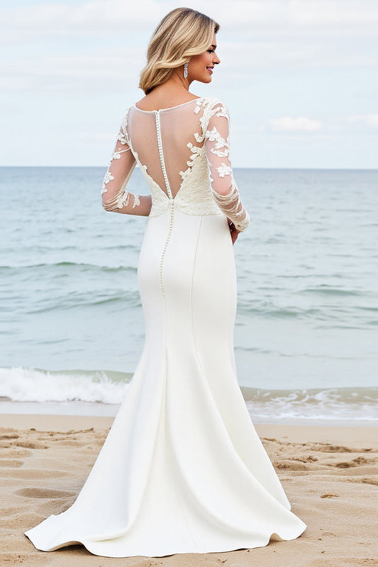 Ivory Satin Mermaid Illusion Neck Long Wedding Dress with Lace