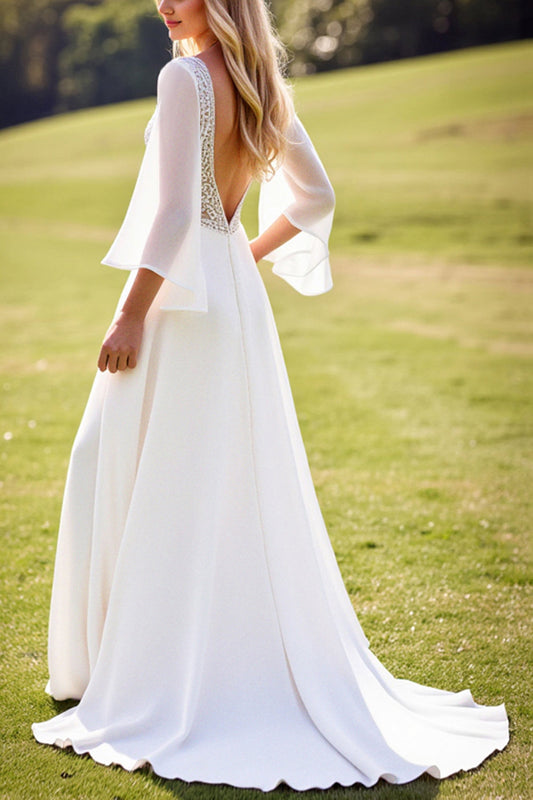 Ivory Chiffon V-Neck Long Backless Wedding Dress with Lace