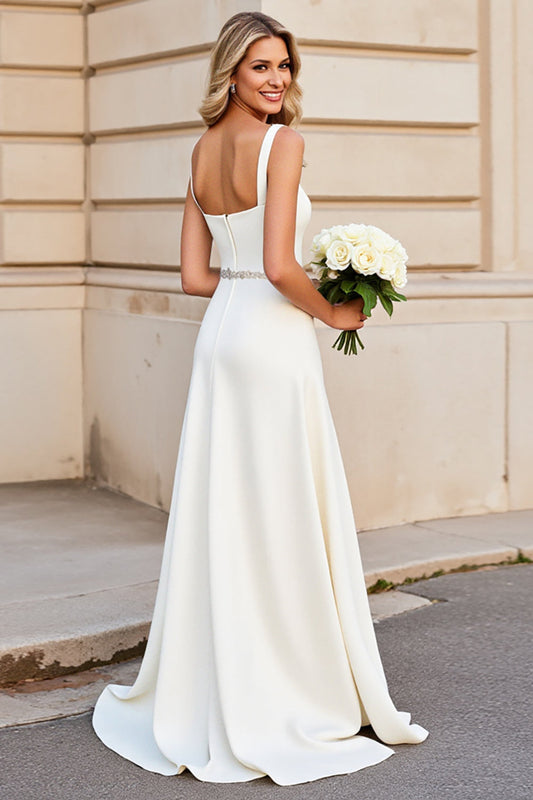 Ivory Satin Square Neck Long A Line Wedding Dress with Belt