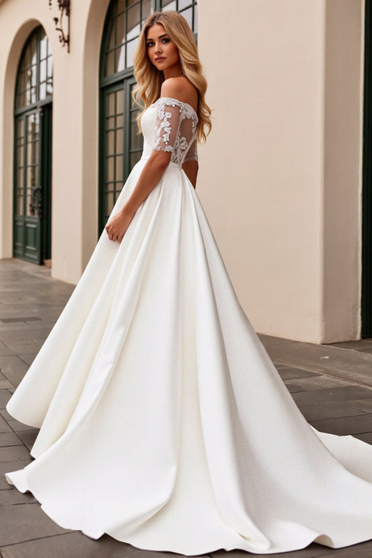 Ivory Satin Illusion Neck A Line Wedding Dress with Lace