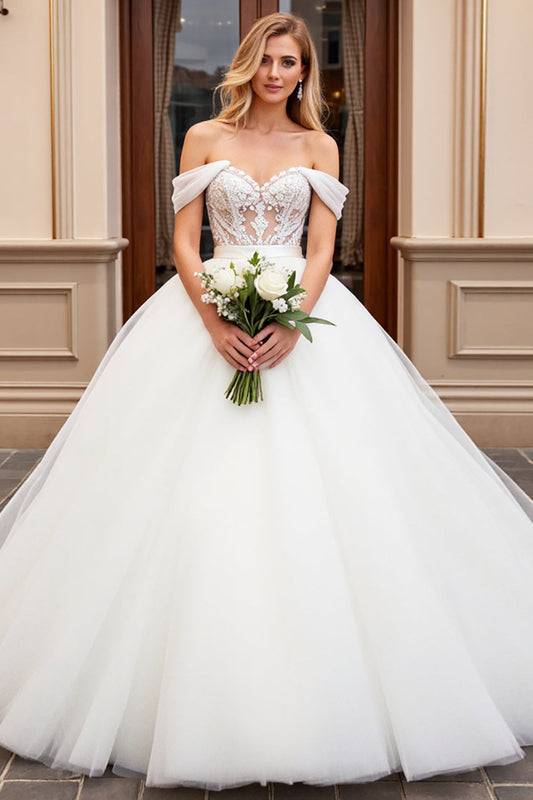 Ivory Off the Shoulder Ball Gown Long Wedding Dress with Lace