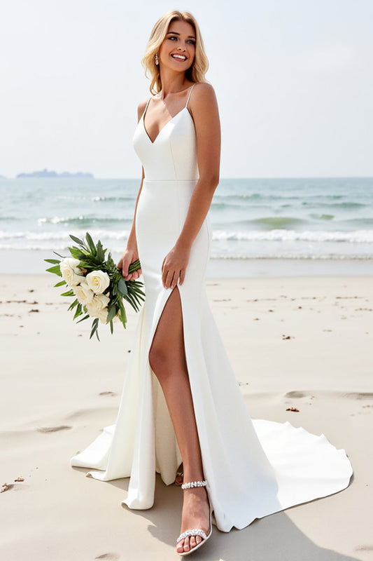 Ivory Satin V-Neck Backless Long Wedding Dress with Slit