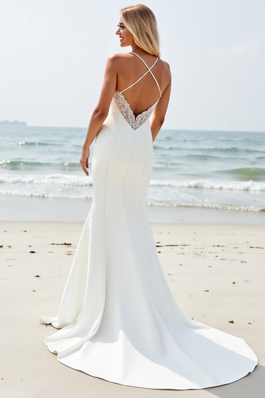 Ivory Satin V-Neck Backless Long Wedding Dress with Slit