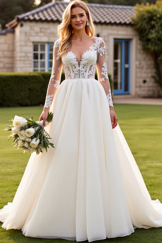 Ivory V Neck A Line Long Lace Wedding Dress with Sleeves