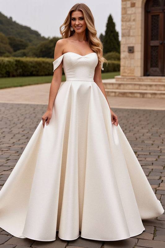 A Line Ivory Satin Off the Shoulder Long Wedding Dress