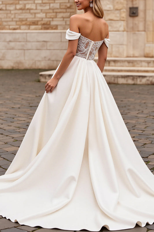 A Line Ivory Satin Off the Shoulder Long Wedding Dress