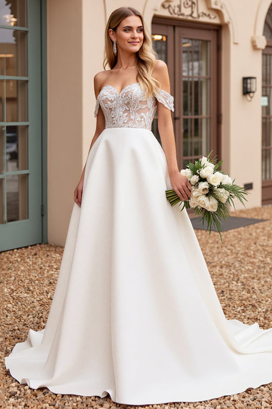 Ivory Satin Off the Shoulder Long Wedding Dress with Lace